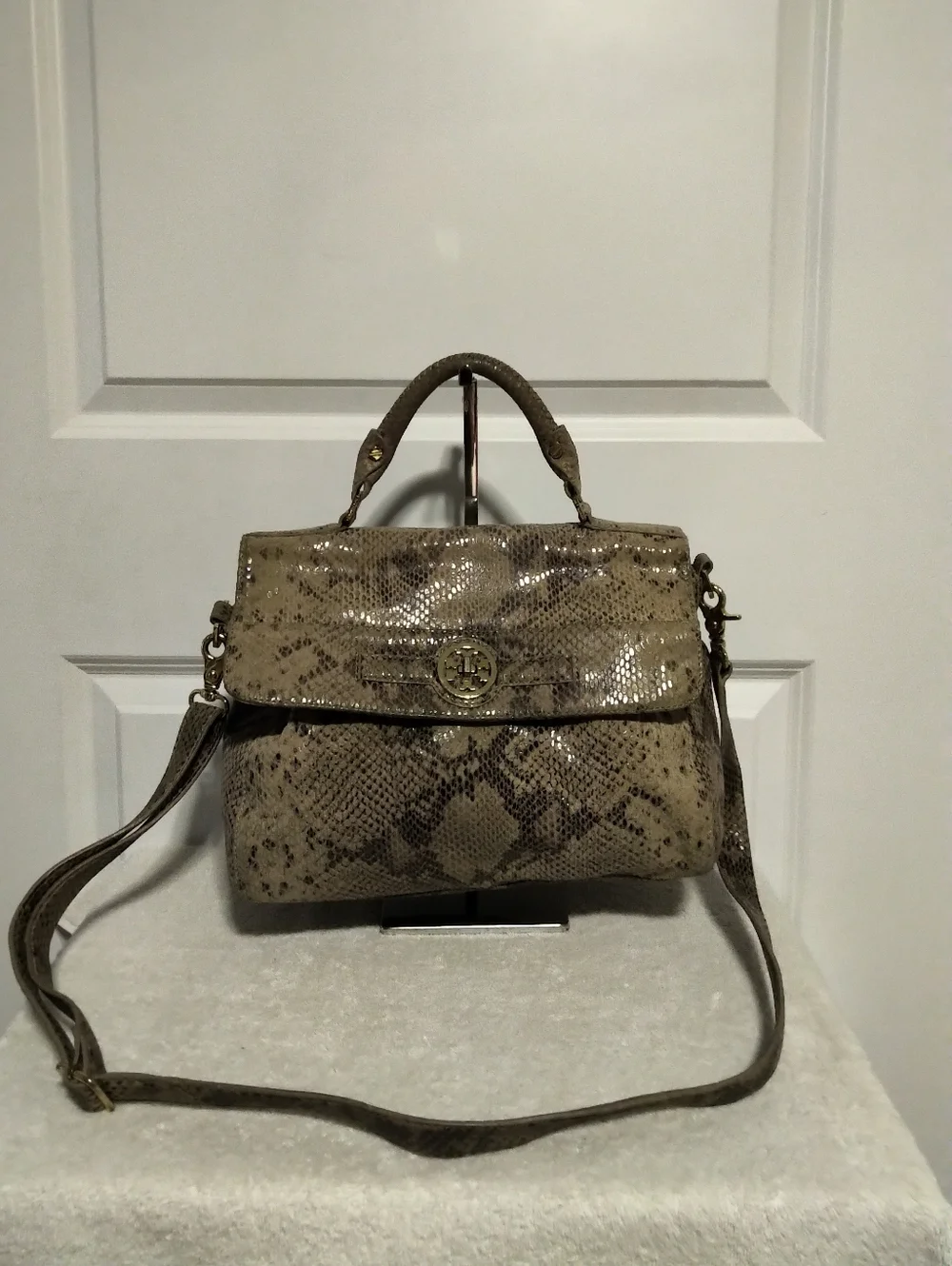 Tory Burch Python-Print Top-Handle / Crossbody Bag